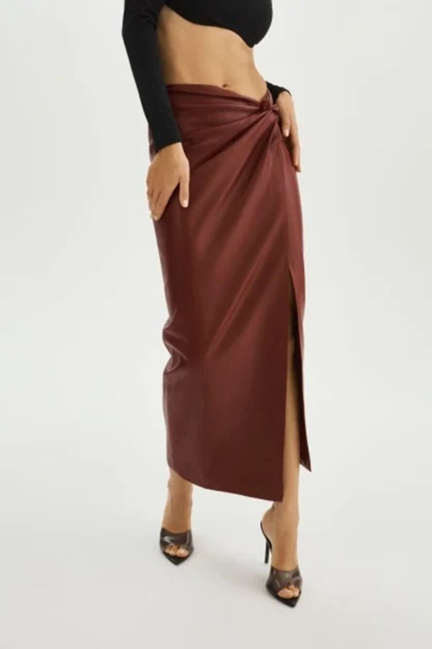 Lamarque Eileen Draped Faux Leather Maxi Skirt In Syrah Size Small